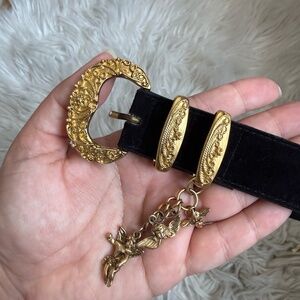 Vintage Express Black Leather Belt Gold Cherub Buckle Size Small